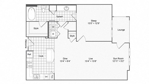 Floor plan for 1 bed, 1 bath, 864 sqft